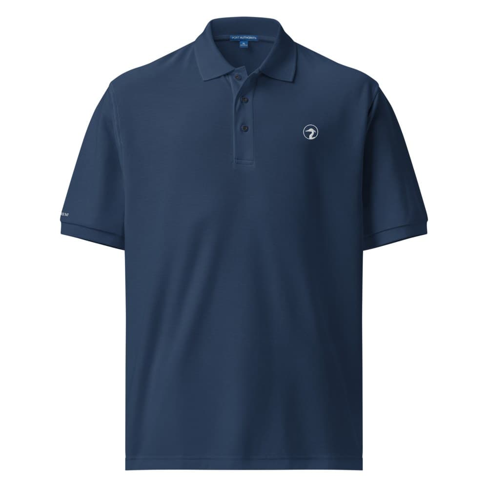 A Navy polo with the Bushwacker Bay heron circle embroidered on the left chest