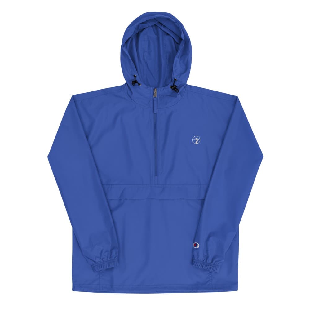 A Royal Blue half-zip packable anorak with the Bushwacker Bay heron circle embroidered in thread on the left chest