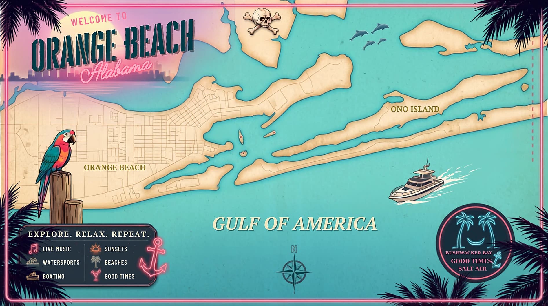 Coastal Postcard artwork — a retro illustrated map of Orange Beach, Alabama and Ono Island, with a macaw on a piling, a charter boat running the Gulf, and the words Explore. Relax. Repeat.