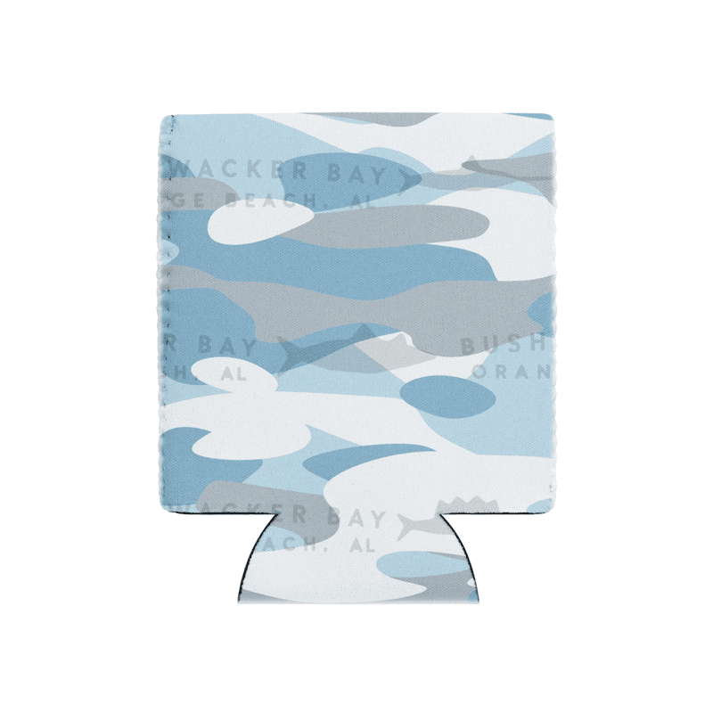 A neoprene can cooler printed edge to edge in light blue-water camo with subtle marlin, sailfish, and tuna silhouettes