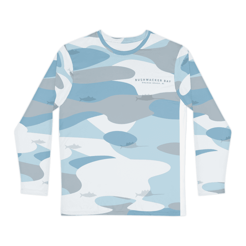 A long-sleeve performance shirt printed edge to edge in light blue-water camo with subtle marlin, sailfish, and tuna silhouettes worked into the pattern